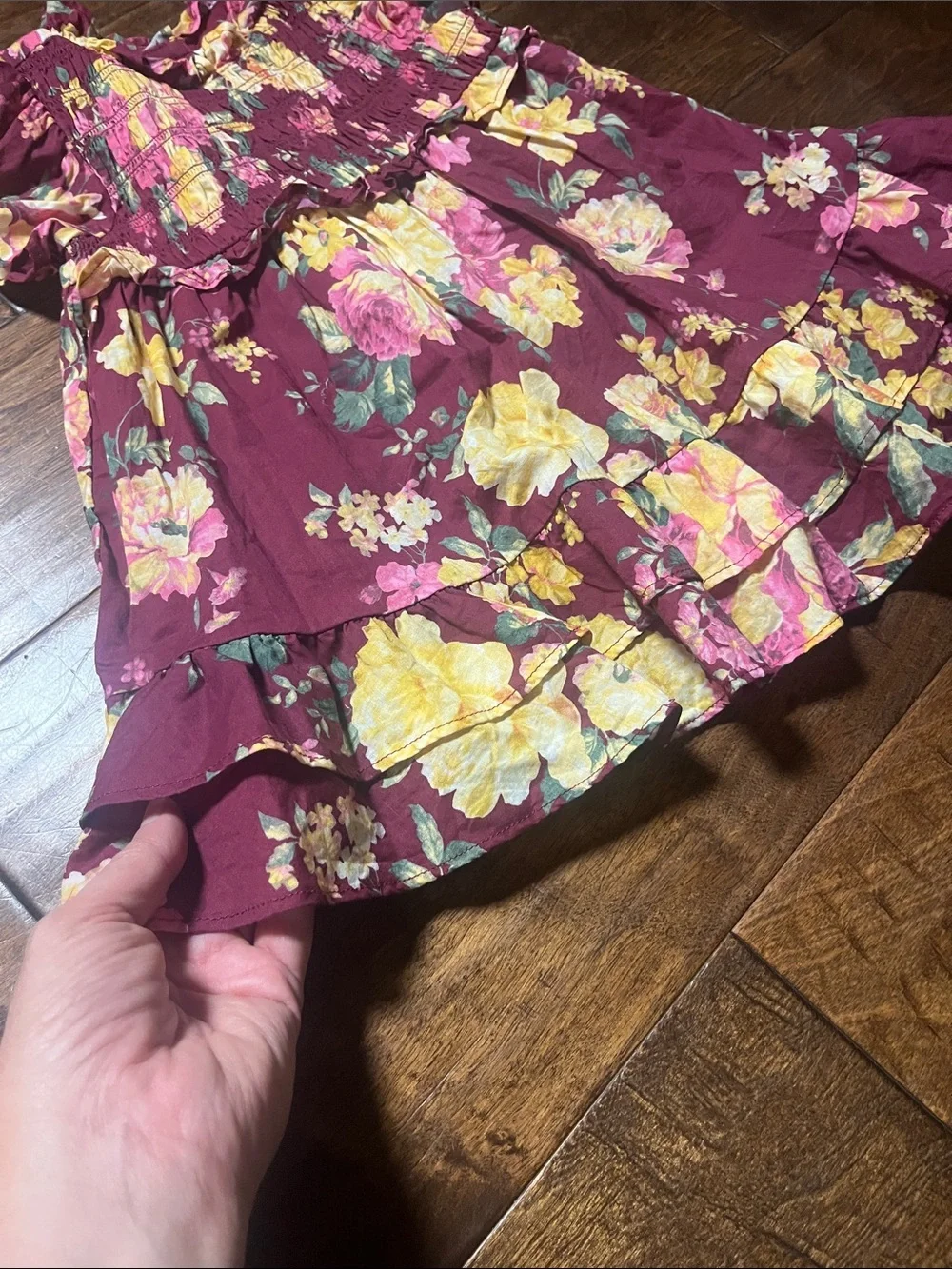 Janie and Jack Maroon and Yellow Floral Smocked Tiered Dress, size 12-18 months